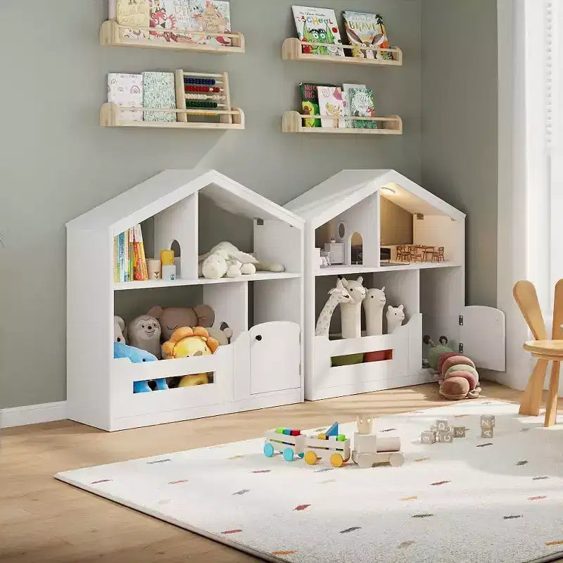 Étagère à livres Acekool 2 niveaux pour enfants, organisateur de livres et de jouets en forme de maison avec lumière à détecteur de mouvement, étagère de rangement en bois pour chambre à coucher ou salle de jeux