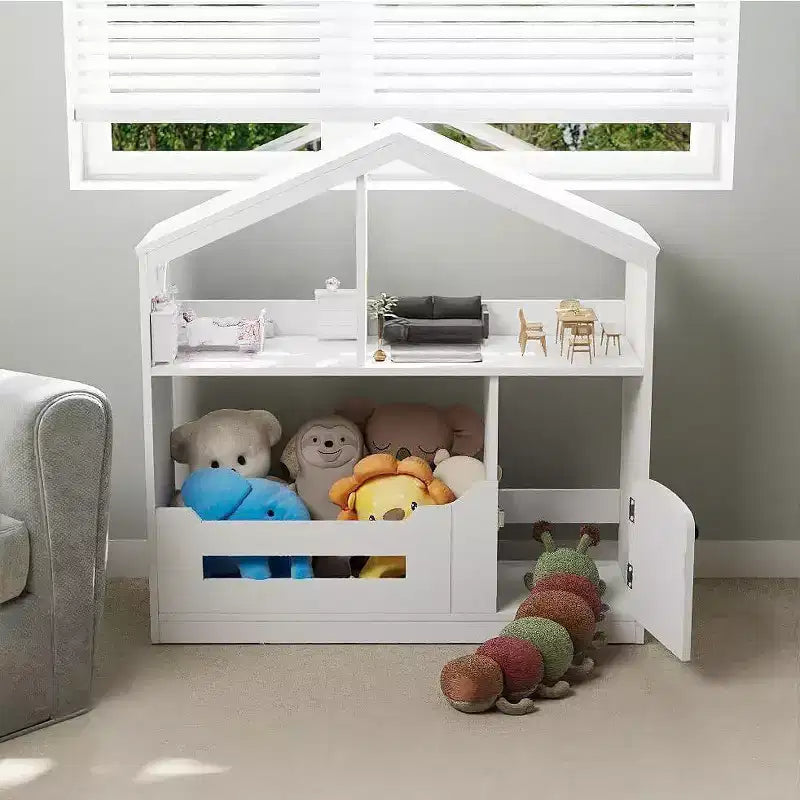 Étagère à livres Acekool 2 niveaux pour enfants, organisateur de livres et de jouets en forme de maison avec lumière à détecteur de mouvement, étagère de rangement en bois pour chambre à coucher ou salle de jeux