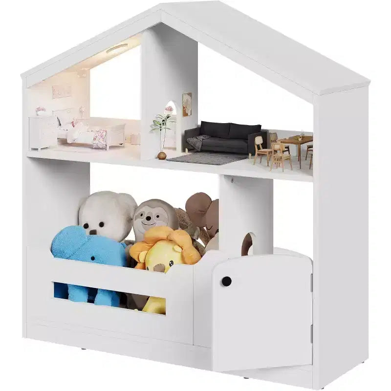 Étagère à livres Acekool 2 niveaux pour enfants, organisateur de livres et de jouets en forme de maison avec lumière à détecteur de mouvement, étagère de rangement en bois pour chambre à coucher ou salle de jeux