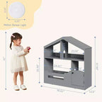 Étagère à livres Acekool 2 niveaux pour enfants, organisateur de livres et de jouets en forme de maison avec lumière à détecteur de mouvement, étagère de rangement en bois pour chambre à coucher ou salle de jeux