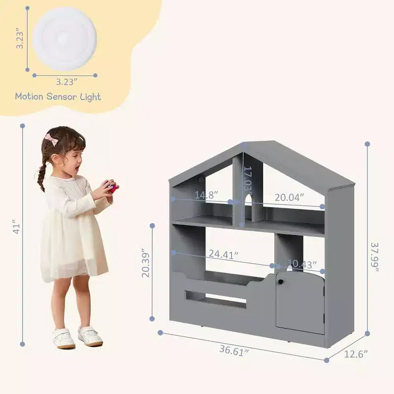 Étagère à livres Acekool 2 niveaux pour enfants, organisateur de livres et de jouets en forme de maison avec lumière à détecteur de mouvement, étagère de rangement en bois pour chambre à coucher ou salle de jeux
