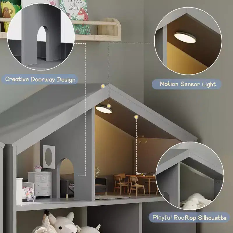 Étagère à livres Acekool 2 niveaux pour enfants, organisateur de livres et de jouets en forme de maison avec lumière à détecteur de mouvement, étagère de rangement en bois pour chambre à coucher ou salle de jeux