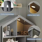 Étagère à livres Acekool 2 niveaux pour enfants, organisateur de livres et de jouets en forme de maison avec lumière à détecteur de mouvement, étagère de rangement en bois pour chambre à coucher ou salle de jeux