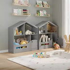 Étagère à livres Acekool 2 niveaux pour enfants, organisateur de livres et de jouets en forme de maison avec lumière à détecteur de mouvement, étagère de rangement en bois pour chambre à coucher ou salle de jeux