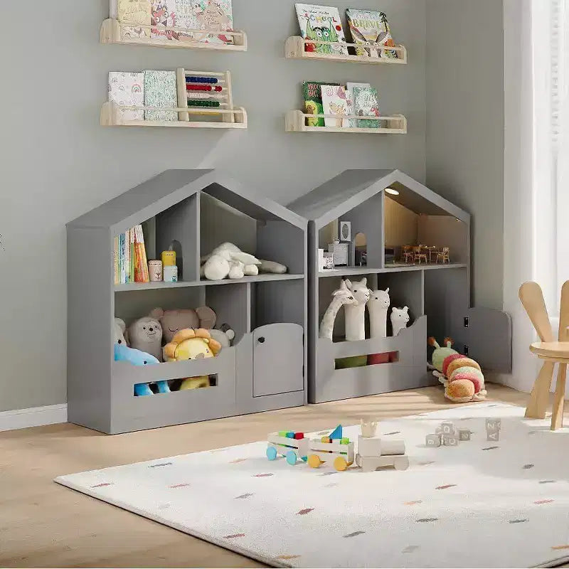 Étagère à livres Acekool 2 niveaux pour enfants, organisateur de livres et de jouets en forme de maison avec lumière à détecteur de mouvement, étagère de rangement en bois pour chambre à coucher ou salle de jeux
