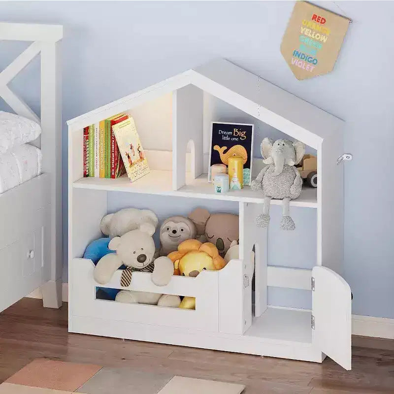 Étagère à livres Acekool 2 niveaux pour enfants, organisateur de livres et de jouets en forme de maison avec lumière à détecteur de mouvement, étagère de rangement en bois pour chambre à coucher ou salle de jeux