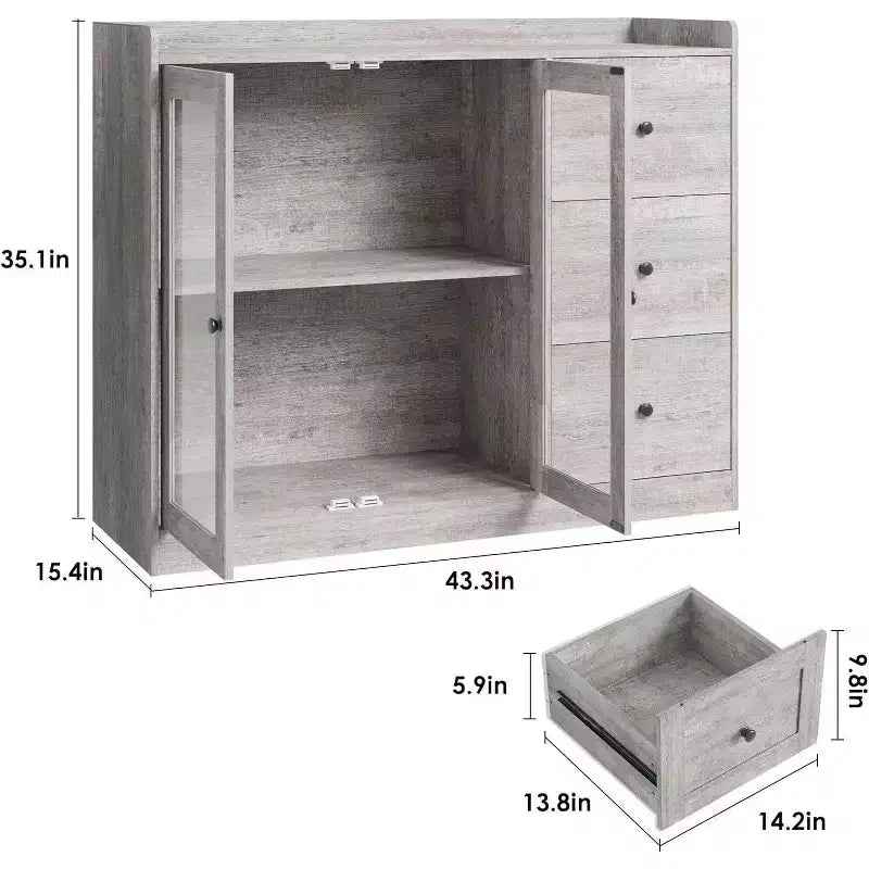 43 Buffet moderne avec rangement, Bahut de cuisine avec garde-corps, étagères réglables et 3 tiroirs, Table de buffet en bois
