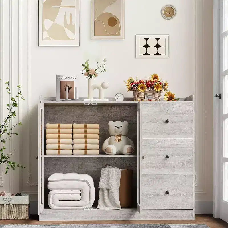 43 Buffet moderne avec rangement, Bahut de cuisine avec garde-corps, étagères réglables et 3 tiroirs, Table de buffet en bois
