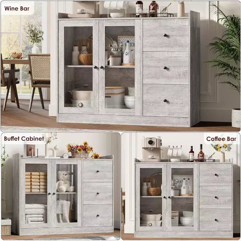 43 Buffet moderne avec rangement, Bahut de cuisine avec garde-corps, étagères réglables et 3 tiroirs, Table de buffet en bois