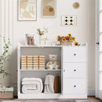 43 Buffet moderne avec rangement, Bahut de cuisine avec garde-corps, étagères réglables et 3 tiroirs, Table de buffet en bois