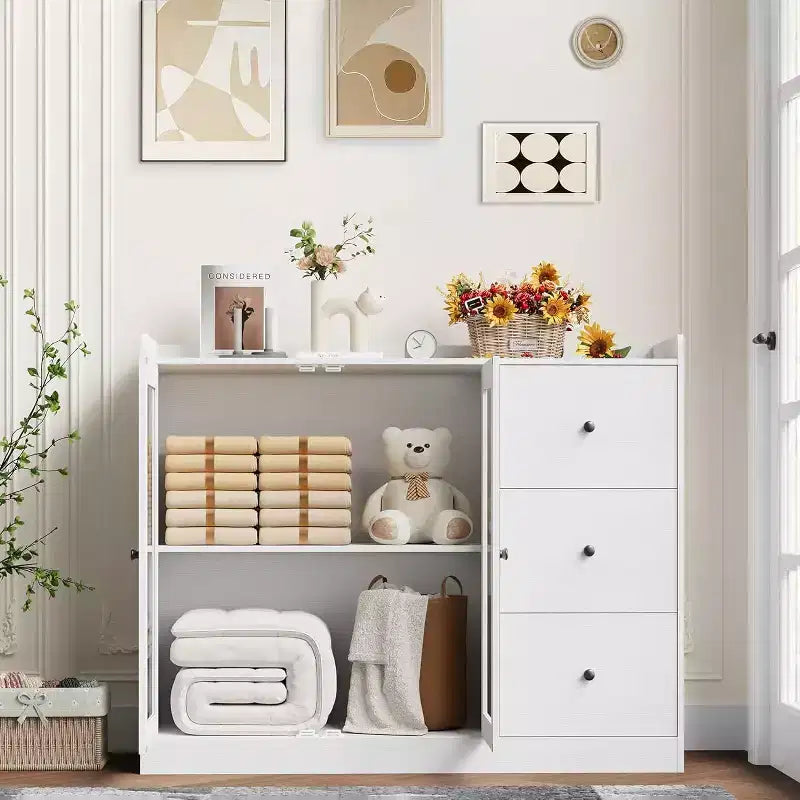 43 Buffet moderne avec rangement, Bahut de cuisine avec garde-corps, étagères réglables et 3 tiroirs, Table de buffet en bois