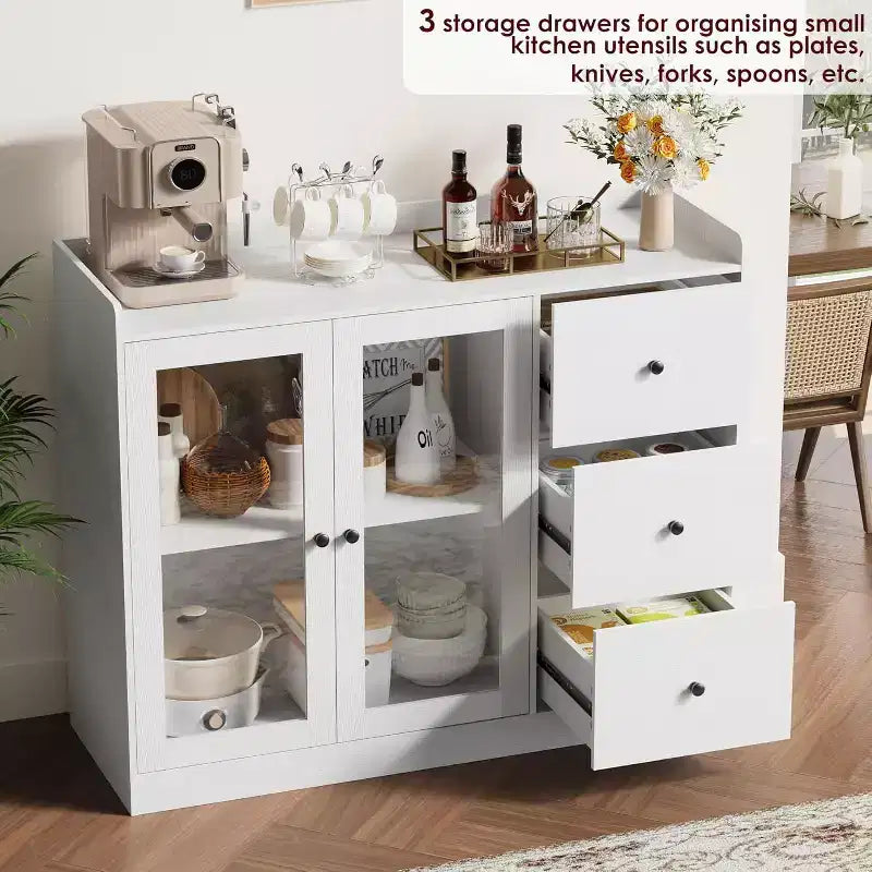 43 Buffet moderne avec rangement, Bahut de cuisine avec garde-corps, étagères réglables et 3 tiroirs, Table de buffet en bois