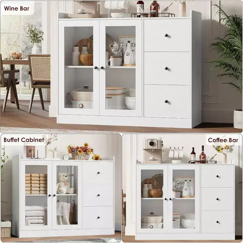 43 Buffet moderne avec rangement, Bahut de cuisine avec garde-corps, étagères réglables et 3 tiroirs, Table de buffet en bois