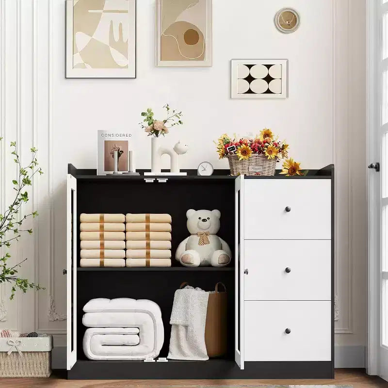 43 Buffet moderne avec rangement, Bahut de cuisine avec garde-corps, étagères réglables et 3 tiroirs, Table de buffet en bois