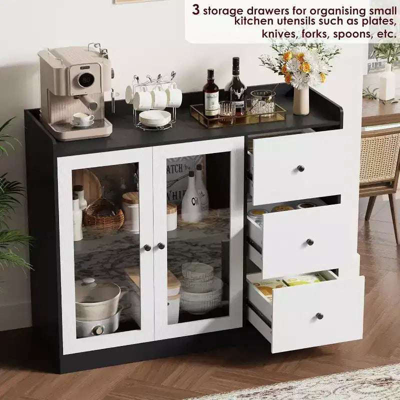 43 Buffet moderne avec rangement, Bahut de cuisine avec garde-corps, étagères réglables et 3 tiroirs, Table de buffet en bois