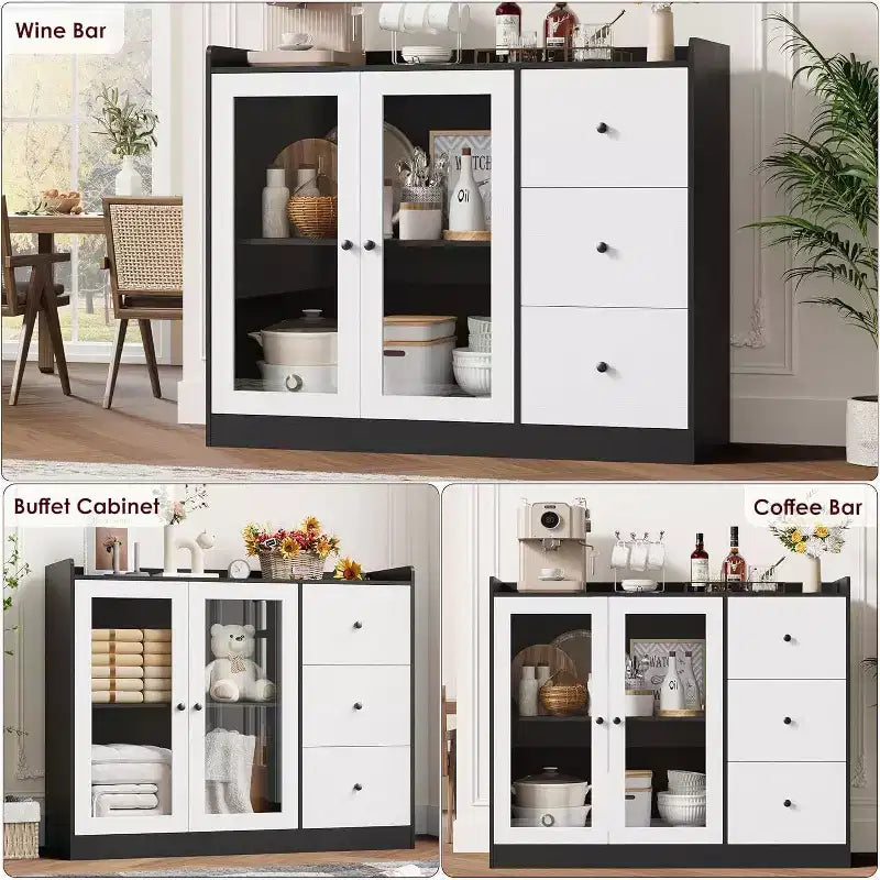 43 Buffet moderne avec rangement, Bahut de cuisine avec garde-corps, étagères réglables et 3 tiroirs, Table de buffet en bois