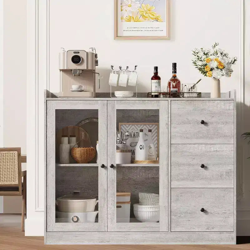 43 Buffet moderne avec rangement, Bahut de cuisine avec garde-corps, étagères réglables et 3 tiroirs, Table de buffet en bois