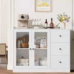 43 Buffet moderne avec rangement, Bahut de cuisine avec garde-corps, étagères réglables et 3 tiroirs, Table de buffet en bois