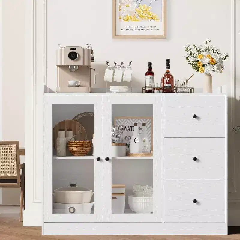 43 Buffet moderne avec rangement, Bahut de cuisine avec garde-corps, étagères réglables et 3 tiroirs, Table de buffet en bois