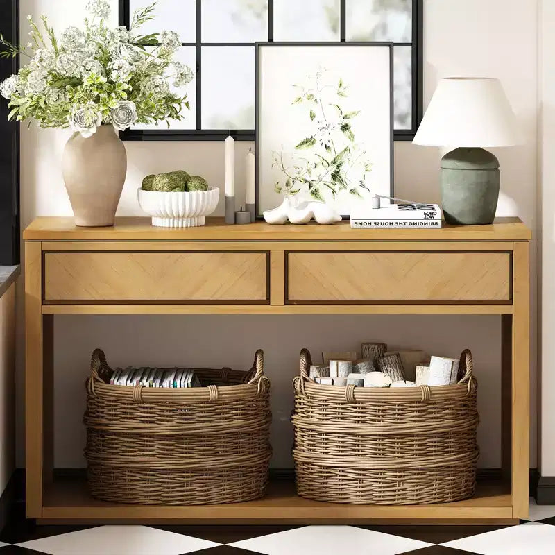 MAYEERTY Console Table Rustic Wooden with Storage Drawers Open Shelf for Hallway Living Room Natural