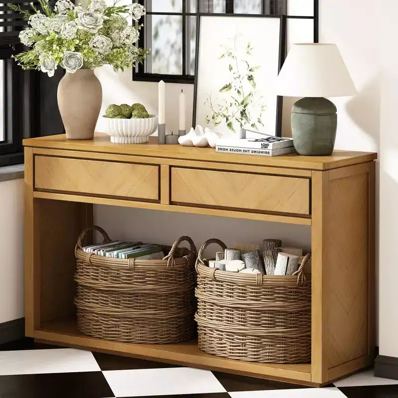 MAYEERTY Table Console Rustique en Bois avec Tiroirs de Rangement et Étagère Ouverte pour Couloir, Salon, Naturel