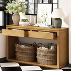 MAYEERTY Table Console Rustique en Bois avec Tiroirs de Rangement et Étagère Ouverte pour Couloir, Salon, Naturel