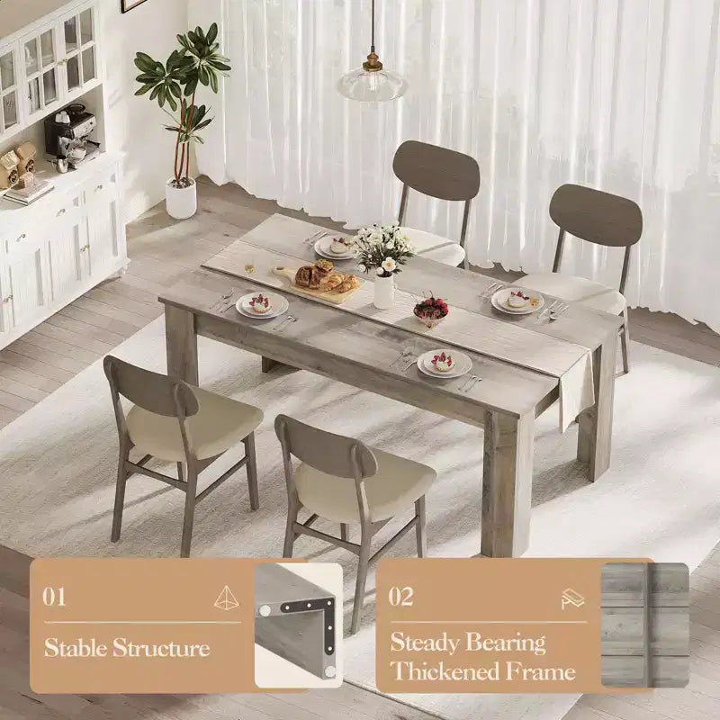 Table de salle à manger Table de cuisine rectangulaire de 160 cm pour 4 à 6 personnes, Bureau de conférence en bois style ferme avec assemblage facile, Gris