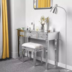 Table de maquillage VINGLI avec miroir et tiroirs, en verre, couleur argent, pour chambre/salle de maquillage