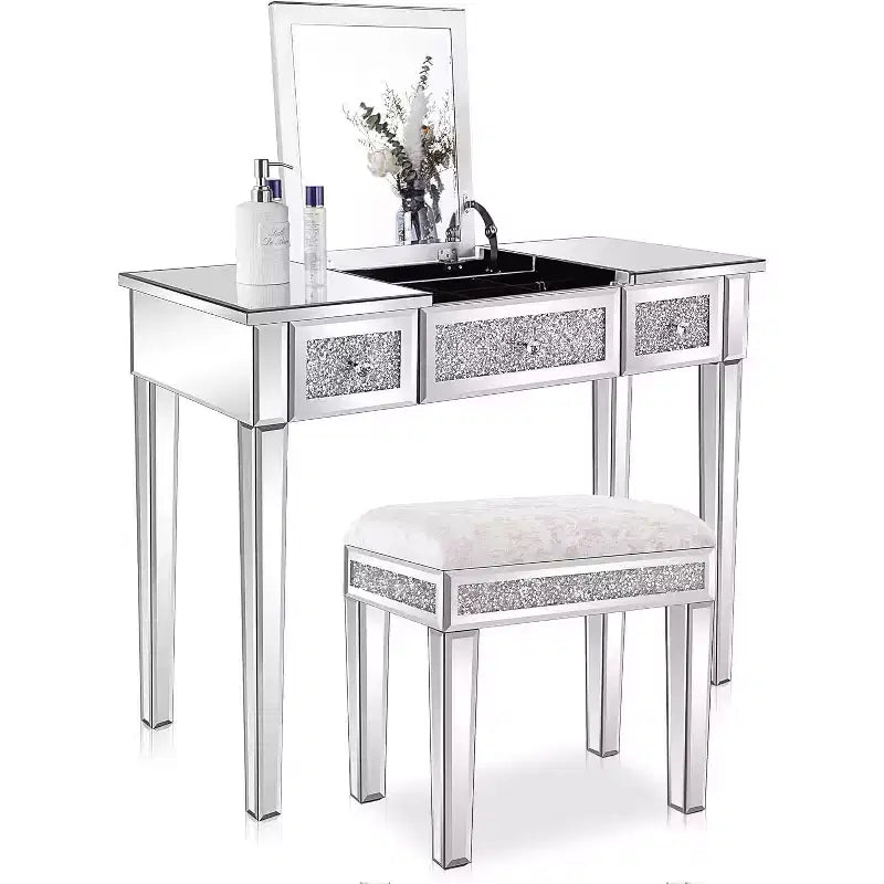 Table de maquillage VINGLI avec miroir et tiroirs, en verre, couleur argent, pour chambre/salle de maquillage