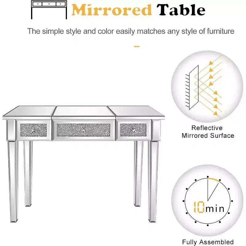 Table de maquillage VINGLI avec miroir et tiroirs, en verre, couleur argent, pour chambre/salle de maquillage