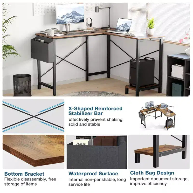 Bureau d'ordinateur en L avec étagère de rangement pour UC et sac latéral, table d'écriture de bureau de jeu d'angle de 127 cm avec cadre en métal - 127 x 109,98 x 74,93 cm (Rustique)