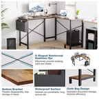 Bureau d'ordinateur en L avec étagère de rangement pour UC et sac latéral, table d'écriture de bureau de jeu d'angle de 127 cm avec cadre en métal - 127 x 109,98 x 74,93 cm (Rustique)