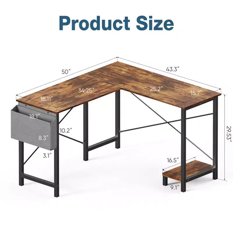 Bureau d'ordinateur en L avec étagère de rangement pour UC et sac latéral, table d'écriture de bureau de jeu d'angle de 127 cm avec cadre en métal - 127 x 109,98 x 74,93 cm (Rustique)