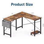 Bureau d'ordinateur en L avec étagère de rangement pour UC et sac latéral, table d'écriture de bureau de jeu d'angle de 127 cm avec cadre en métal - 127 x 109,98 x 74,93 cm (Rustique)
