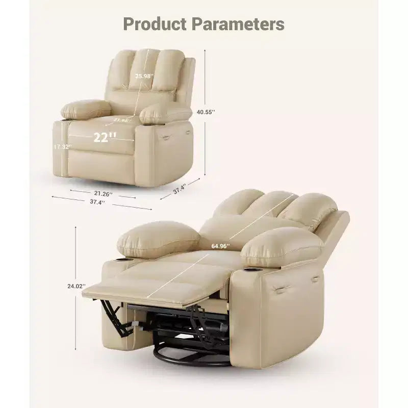 Fauteuil inclinable à bascule TROPOW 22" pour adultes, inclinable manuel en cuir PU, avec porte-gobelets et poches latérales, pour salon, chambre à coucher et chambre de bébé