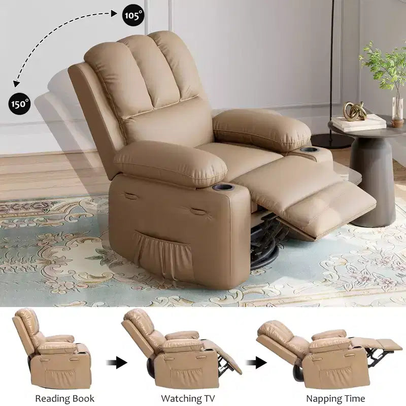 Fauteuil inclinable à bascule TROPOW 22" pour adultes, inclinable manuel en cuir PU, avec porte-gobelets et poches latérales, pour salon, chambre à coucher et chambre de bébé