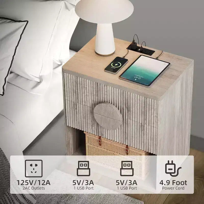 Table de chevet cannelée | 2 tiroirs + Étagère ouverte | Table de nuit moderne pour chambre à coucher (Tons bois, 2 pièces)