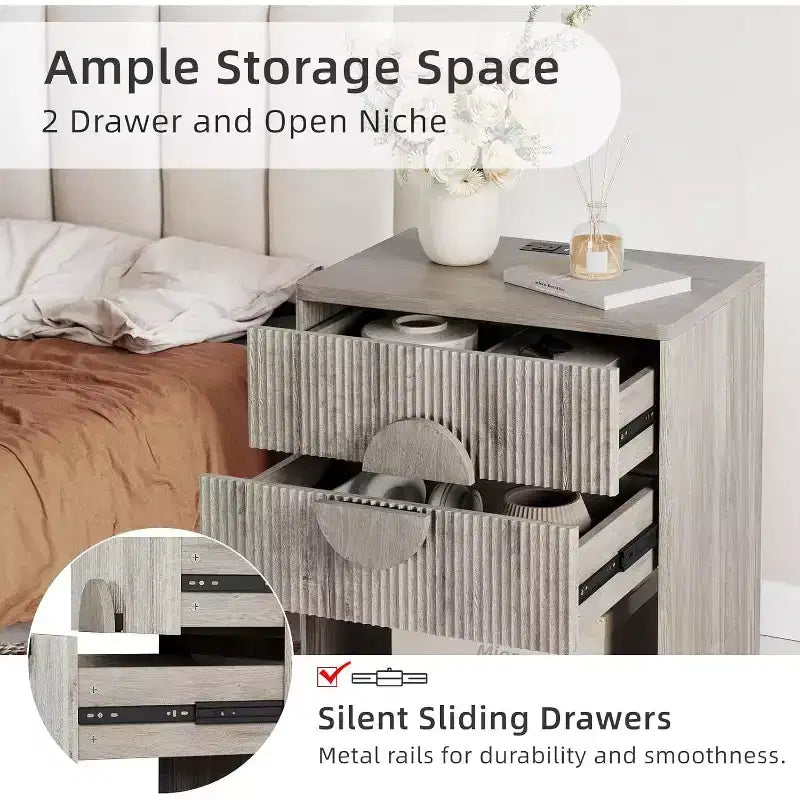 Table de chevet cannelée | 2 tiroirs + Étagère ouverte | Table de nuit moderne pour chambre à coucher (Tons bois, 2 pièces)