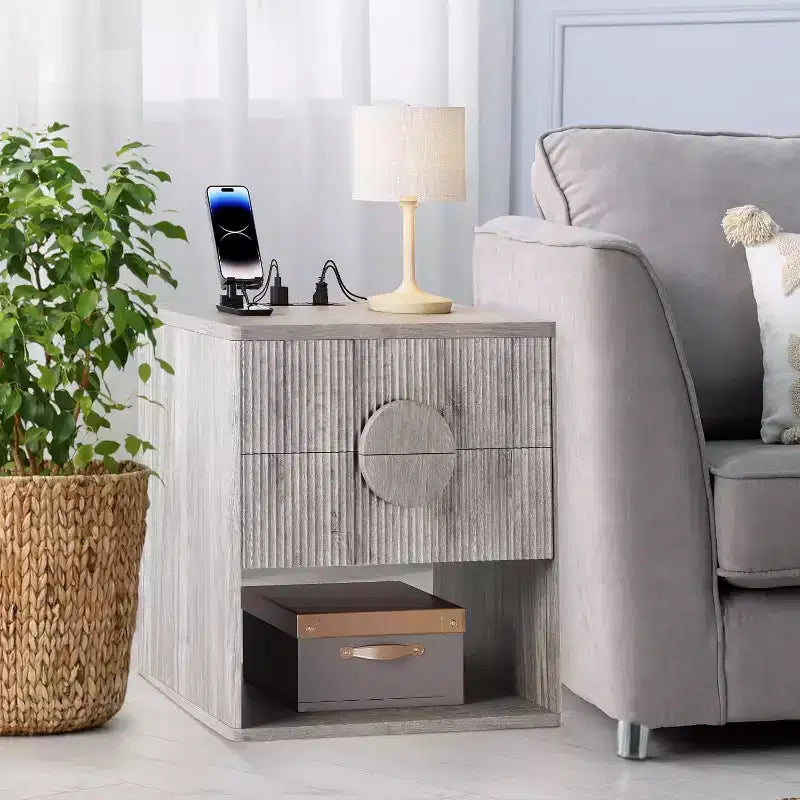 Table de chevet cannelée | 2 tiroirs + Étagère ouverte | Table de nuit moderne pour chambre à coucher (Tons bois, 2 pièces)