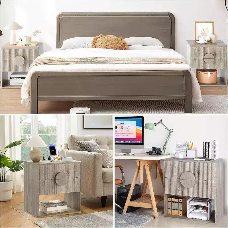 Table de chevet cannelée | 2 tiroirs + Étagère ouverte | Table de nuit moderne pour chambre à coucher (Tons bois, 2 pièces)