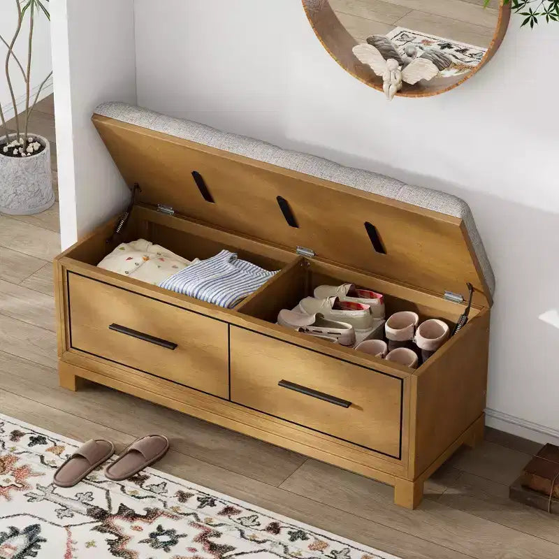 Banc à chaussures TUYOHW avec coussin amovible, banc d'entrée avec rangement dissimulé pour salon, entrée et couloirs, naturel