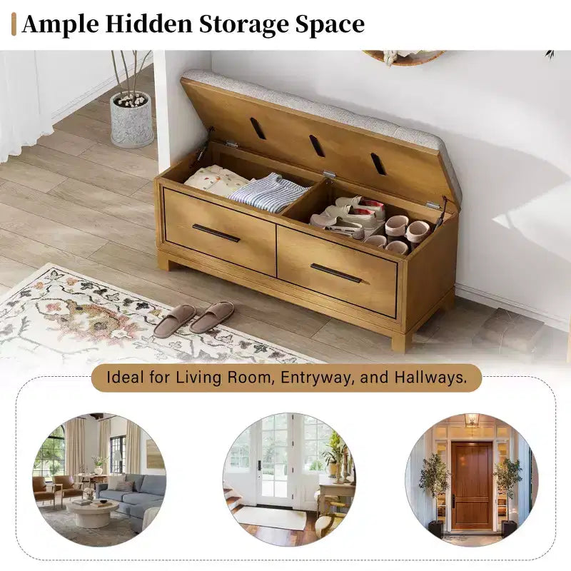 Banc à chaussures TUYOHW avec coussin amovible, banc d'entrée avec rangement dissimulé pour salon, entrée et couloirs, naturel