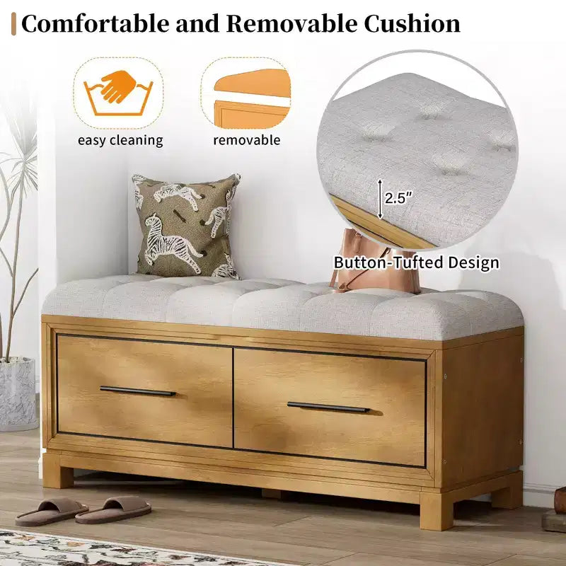 Banc à chaussures TUYOHW avec coussin amovible, banc d'entrée avec rangement dissimulé pour salon, entrée et couloirs, naturel