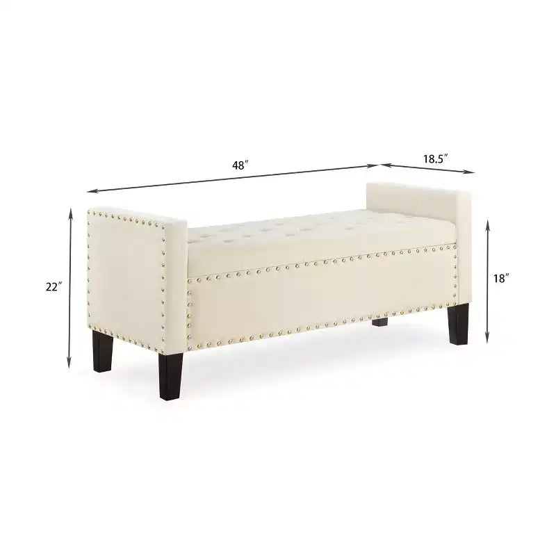 TUYOHW Banc de rangement capitonné avec boutons et clous décoratifs, siège rembourré doux avec accoudoirs pour entrée ou salon, crème