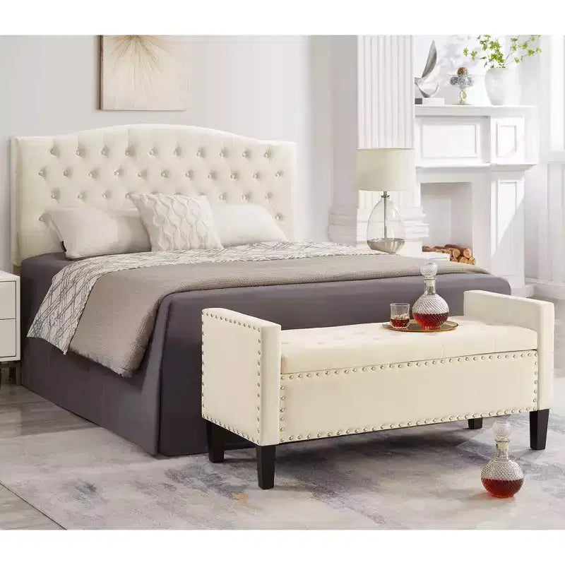 TUYOHW Banc de rangement capitonné avec boutons et clous décoratifs, siège rembourré doux avec accoudoirs pour entrée ou salon, crème