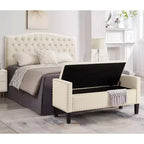 TUYOHW Banc de rangement capitonné avec boutons et clous décoratifs, siège rembourré doux avec accoudoirs pour entrée ou salon, crème