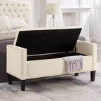 TUYOHW Banc de rangement capitonné avec boutons et clous décoratifs, siège rembourré doux avec accoudoirs pour entrée ou salon, crème