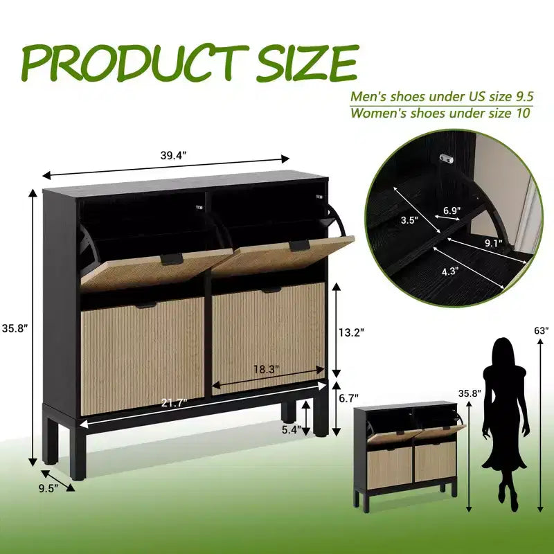 Meuble à chaussures cannelé GustoWave avec 4 tiroirs basculants, organisateur de chaussures étroit en bois avec pieds en métal, porte-chaussures moderne de style ferme avec rangement caché