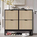 Meuble à chaussures cannelé GustoWave avec 4 tiroirs basculants, organisateur de chaussures étroit en bois avec pieds en métal, porte-chaussures moderne de style ferme avec rangement caché