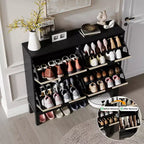 Meuble à chaussures cannelé GustoWave avec 4 tiroirs basculants, organisateur de chaussures étroit en bois avec pieds en métal, porte-chaussures moderne de style ferme avec rangement caché